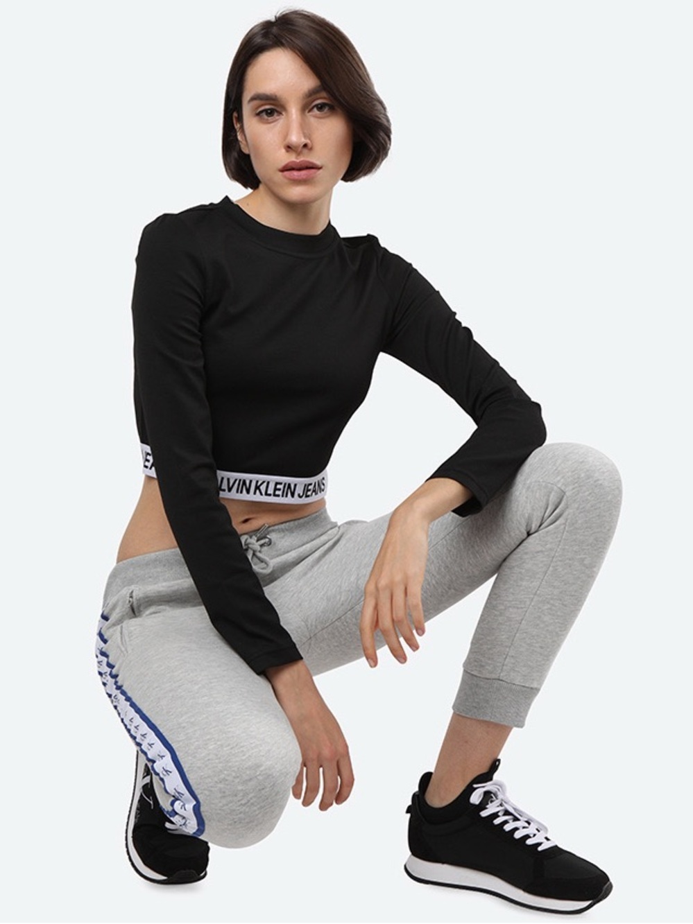 🔥 Calvin Klein Jeans Black Logo Elastic Band Long Sleeve Crop Top